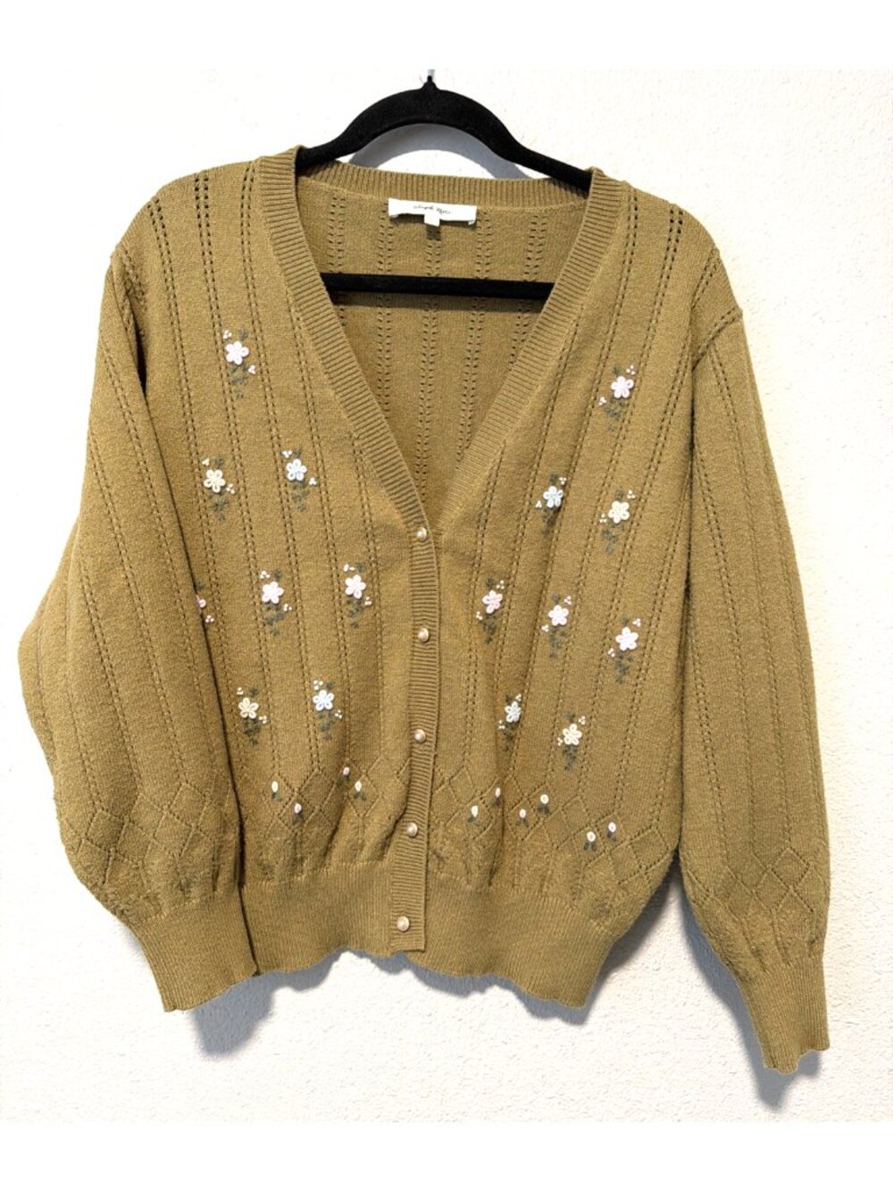 Simple Retro Womens L Olive Floral Embroidered Cardigan Sweater Cottagecore - Picture 1 of 11